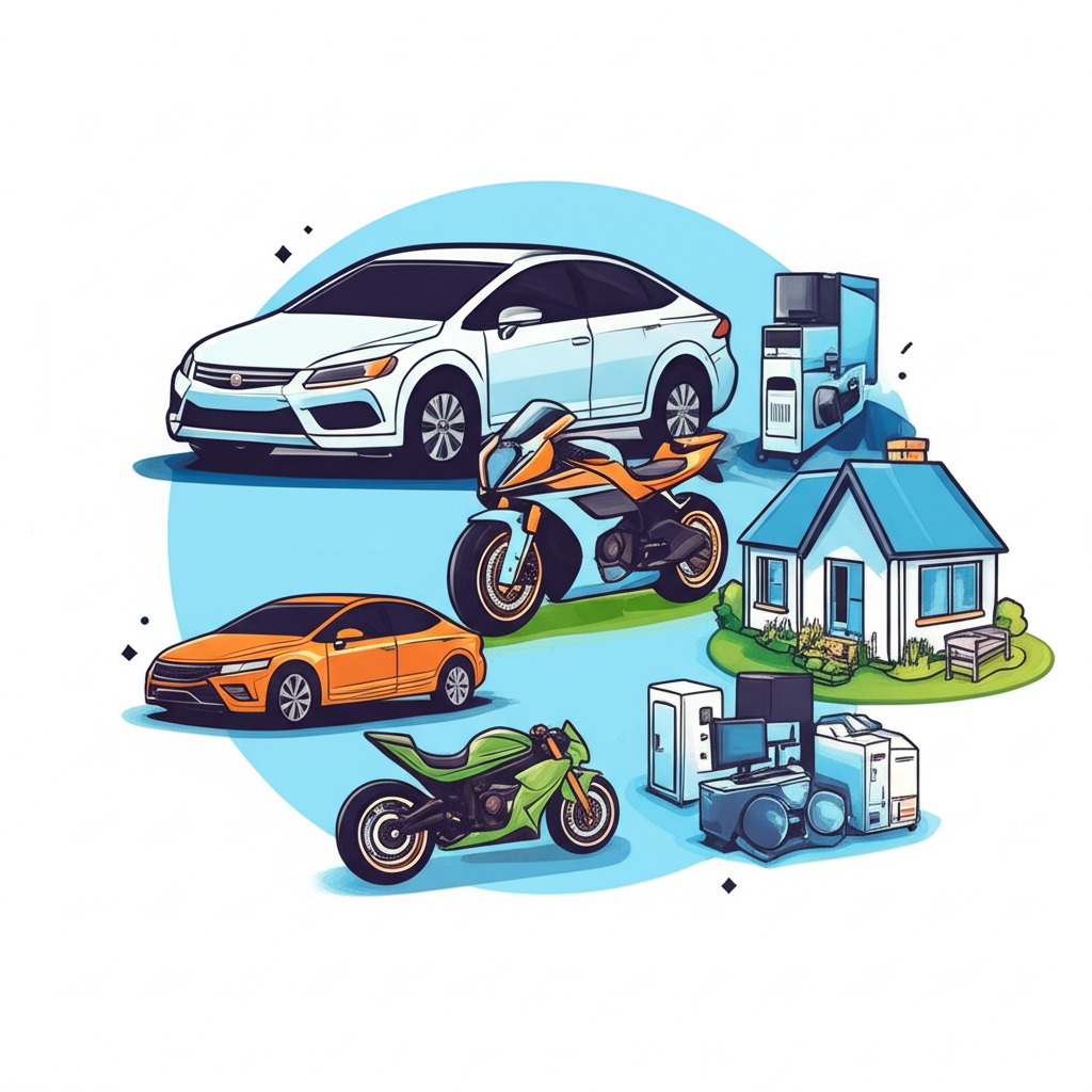 Illustration of various assets being used as collateral a car a motorcycle a house and business equipment representing the diverse financing products offered by a lending institution helping different clients