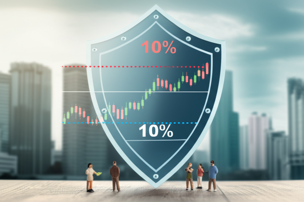股票圖表標示10%漲跌停邊界,象徵保護散戶與穩定市場的屏障