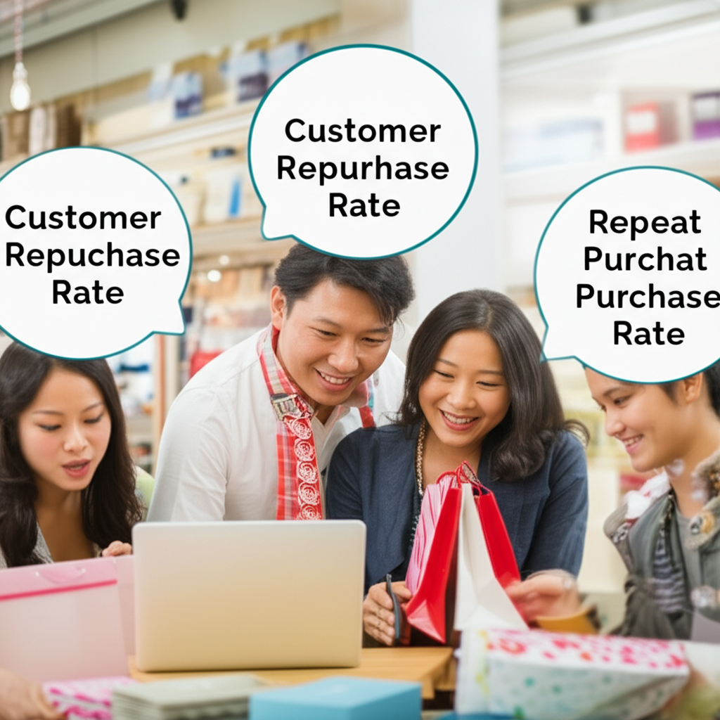 不同英文術語如 Repurchase Rate、Customer Repurchase Rate 和 Repeat Purchase Rate 的思想泡泡圖,展示多元客戶線上購物場景
