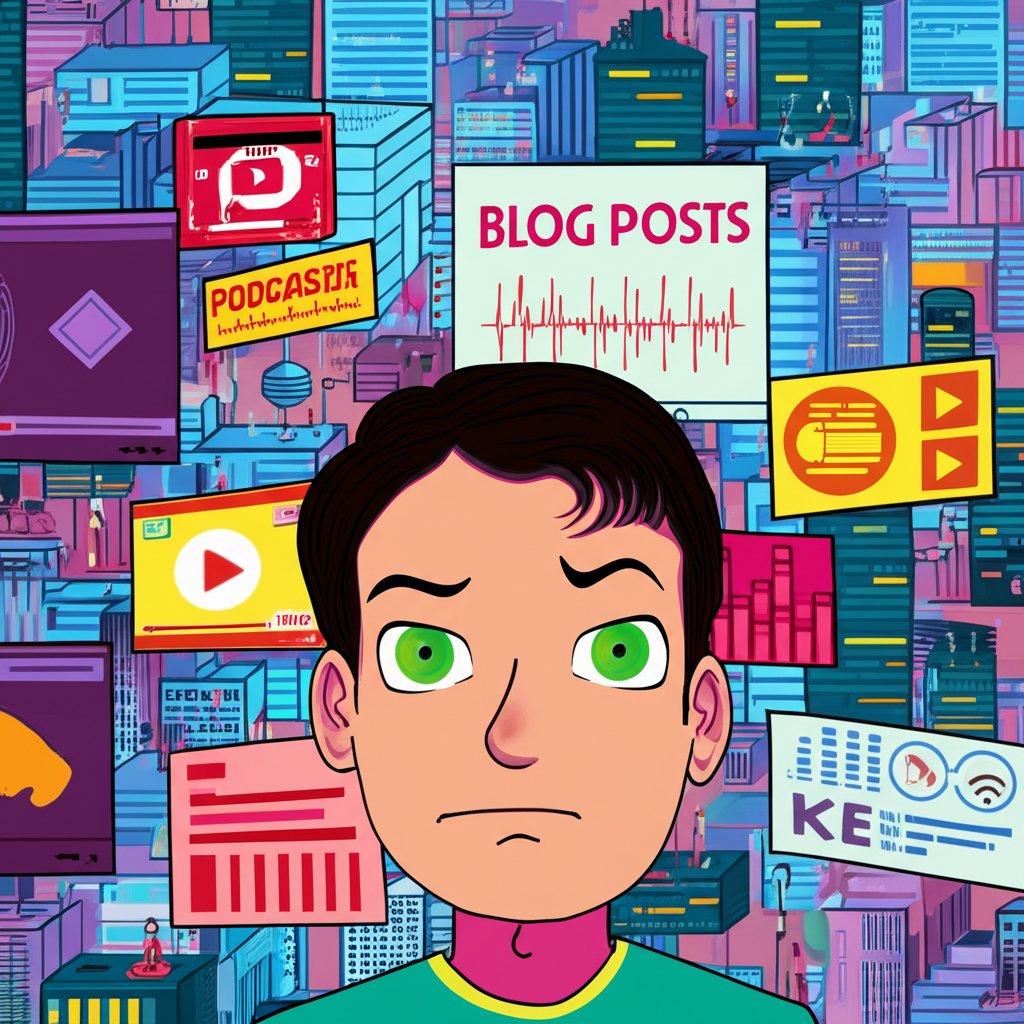 繁忙的數位城市景觀,周圍飄浮部落格、影片與播客等內容形式,一位人物顯得被資訊淹沒卻又充滿好奇,象徵挑戰與新機遇