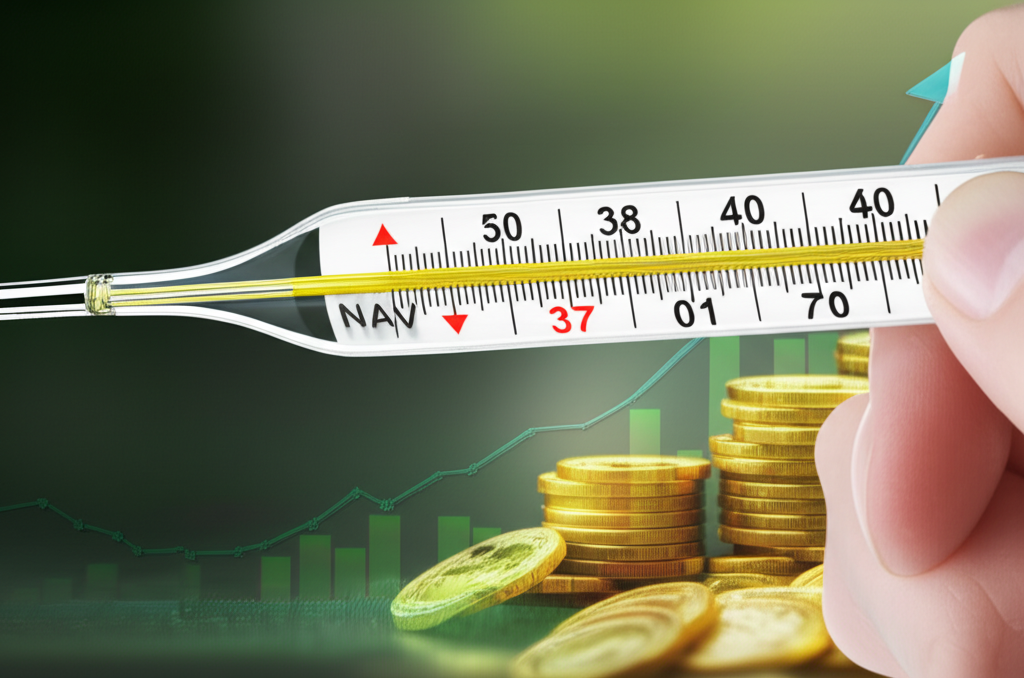 基金淨值如體溫計測量基金健康,背景有圖表和金幣