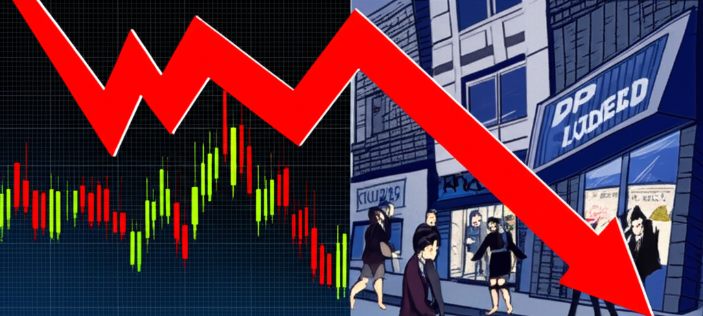 金融市場混亂示意圖,股票圖表急劇下滑,投資者恐慌拋售,展現廣泛恐懼與經濟惡化對企業和個人的衝擊,全球金融危機氛圍