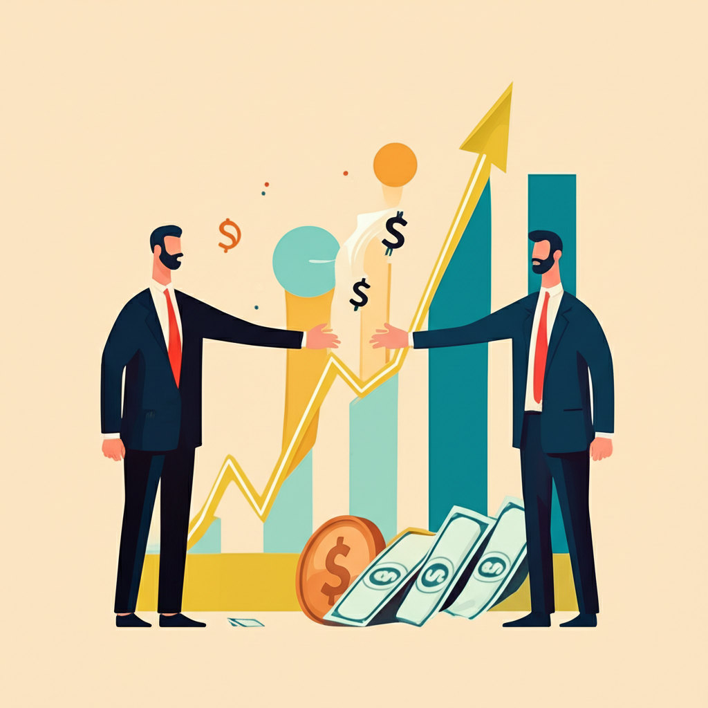 公司與投資人握手，背景為資本市場風格的金錢符號與成長圖表，象徵獨特的籌資與投資工具