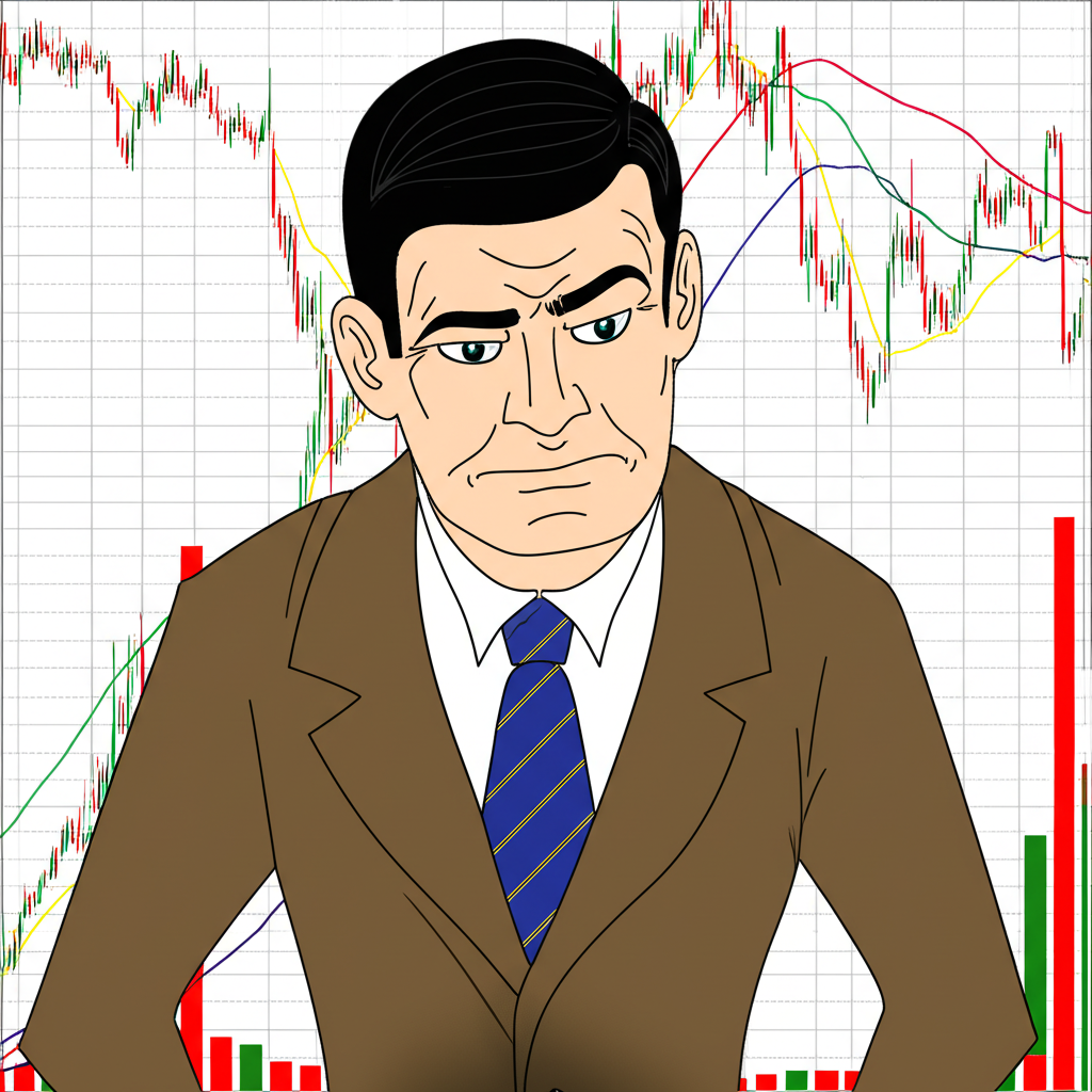 困惑投資人觀看複雜股票圖表，包含K線與紅綠成交量柱代表市場活動和資金流向