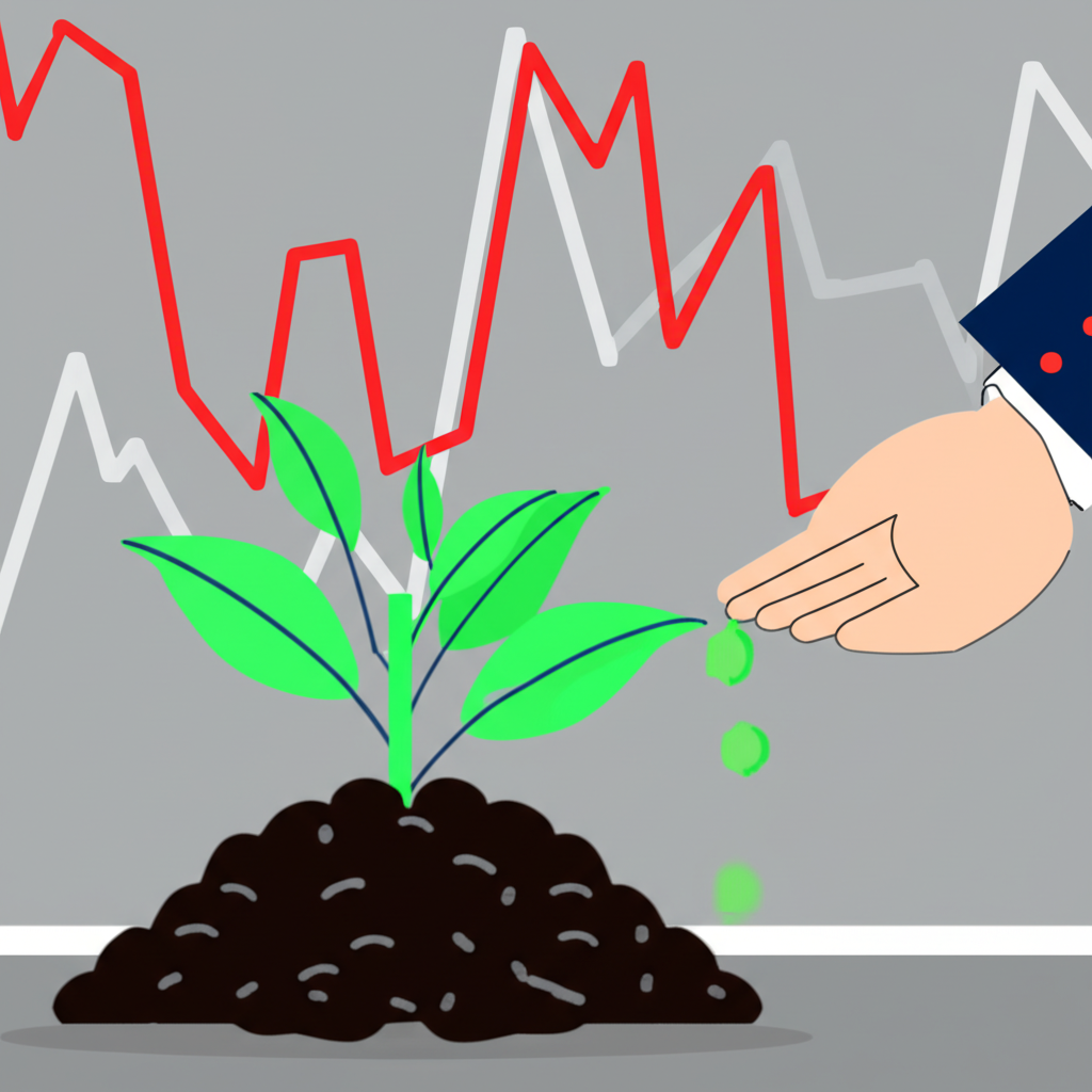 投資人定期定額投入資金讓投資基金如植物般成長的插圖,背景為波動市場,象徵平均成本法在不確定環境中的穩定應用