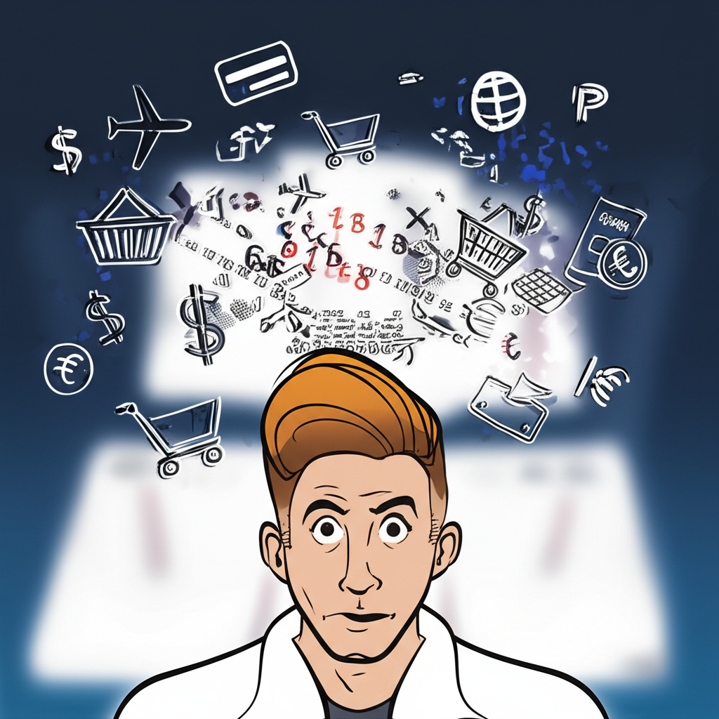 困惑的人注視著顯示匯率波動的螢幕,周圍環繞全球旅行、線上購物與投資圖示,象徵金融知識的重要性