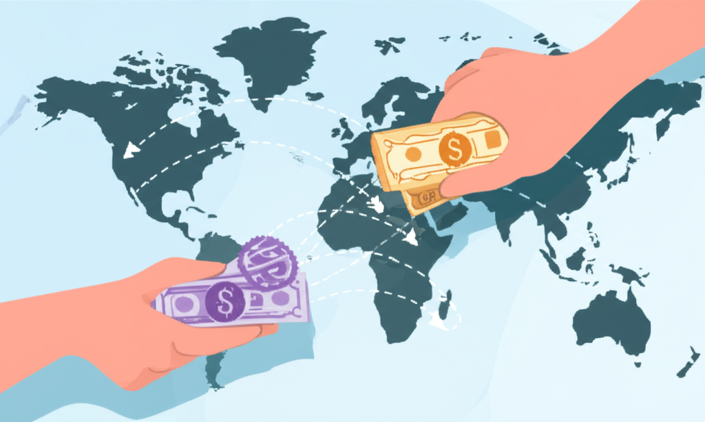 兩種國幣在手中交換,背景為世界地圖顯示貿易路線與資金流動,代表匯率對全球經濟的影響