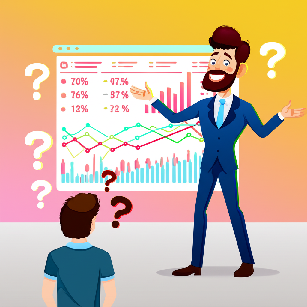 投資人面對複雜金融圖表，周圍環繞問號，一位友善券商角色如導師般出現，提供指導