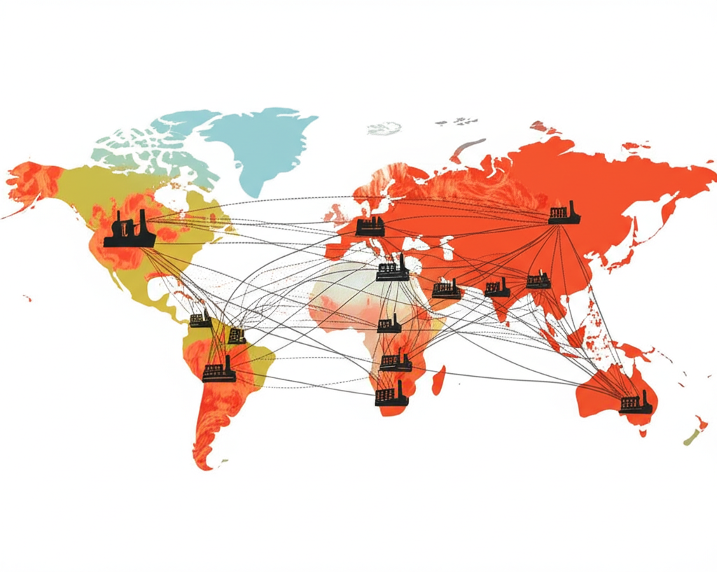 世界地圖標註衝突區，糾結航運路線與中斷工廠象徵供應鏈斷裂，強調地緣政治緊張與供應鏈問題的衝擊