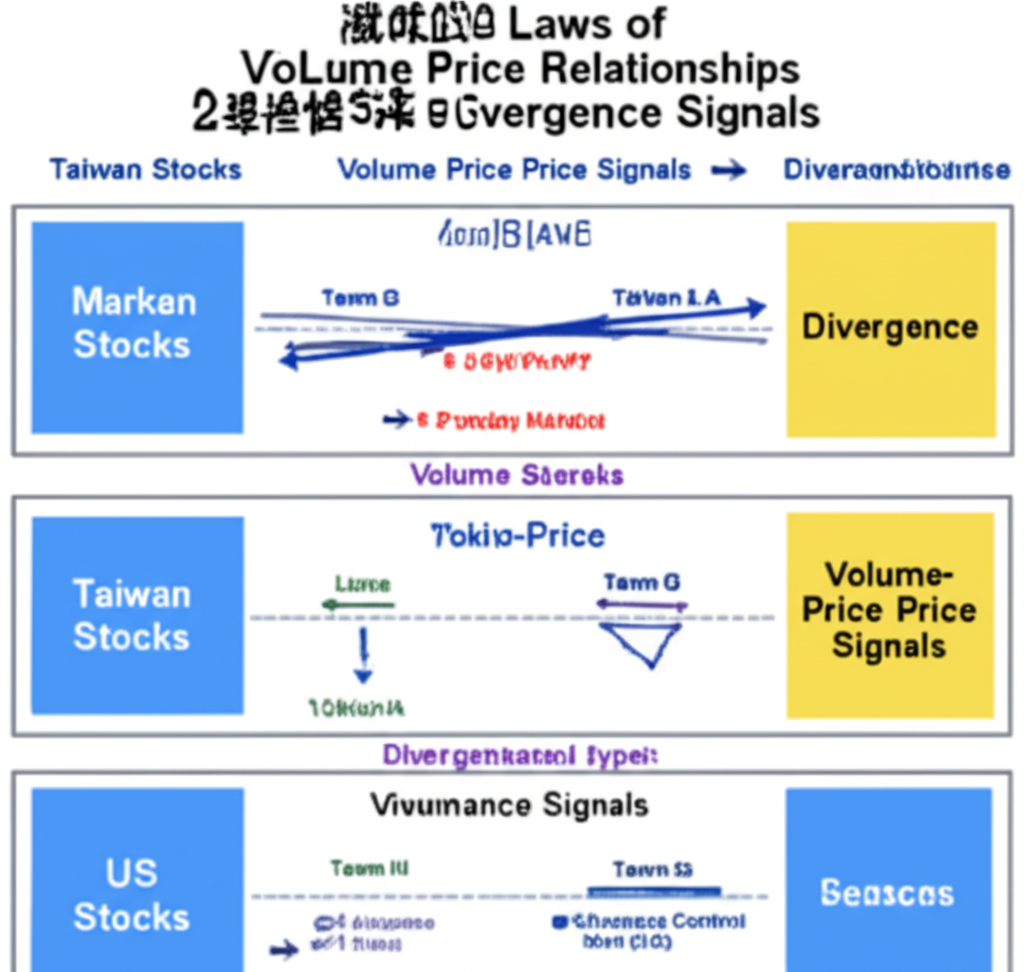 投資人研究簡化圖表，展示量價關係四大法則與背離訊號，以及台股美股等市場差異