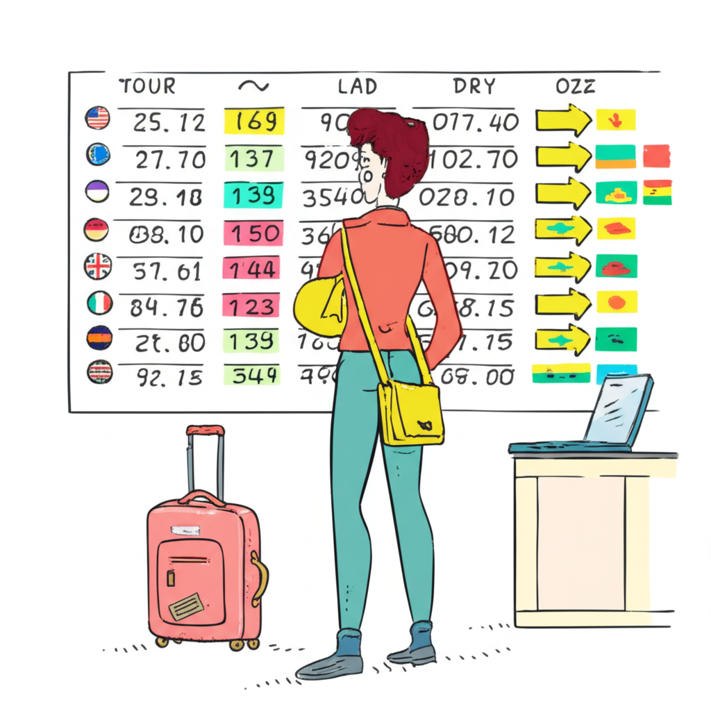 困惑的人盯著複雜的銀行匯率牌告,旁邊有旅行包和筆電象徵外幣交易