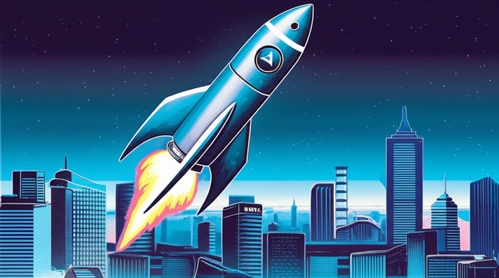 ARKK ETF 如火箭般衝向未來城市天際線,象徵顛覆性創新與成長潛力