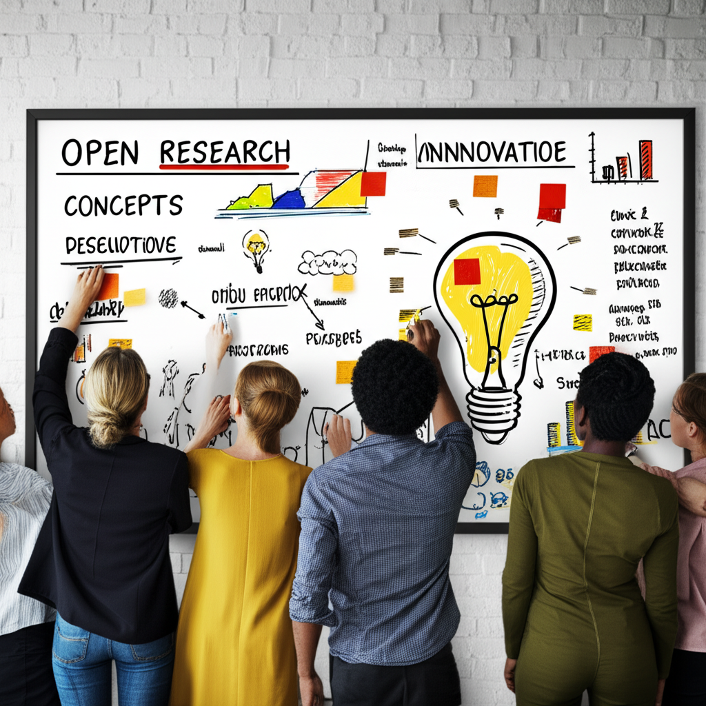 團隊在數位白板上合作討論開放研究與顛覆性創新概念,燈泡閃耀著靈感光芒