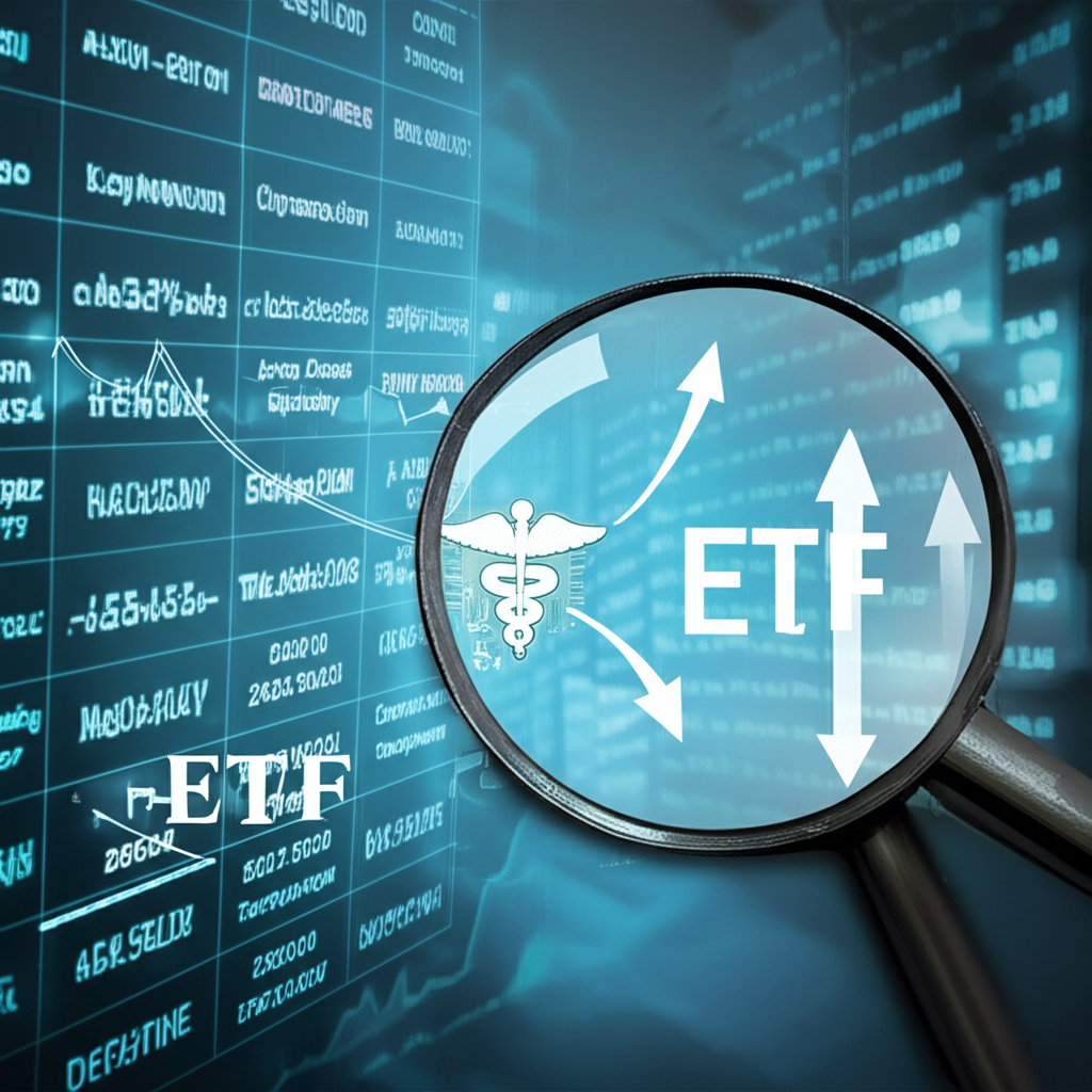 放大鏡檢視公司名稱清單與股票圖表，箭頭指向不同產業，ETF符號在前台，背景為未來風格儀表板