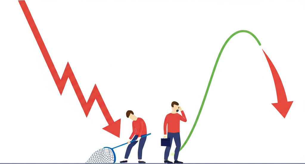 抄底與買入下跌比較示意圖：熊市深谷 vs 牛市小回落