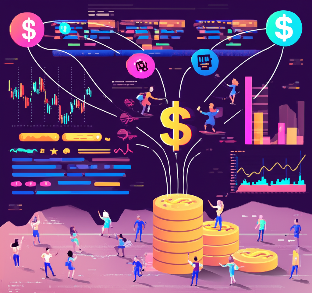 熱鬧股市場景，小人物代表投資者與資金流入大型成交量柱，象徵市場活力與情緒