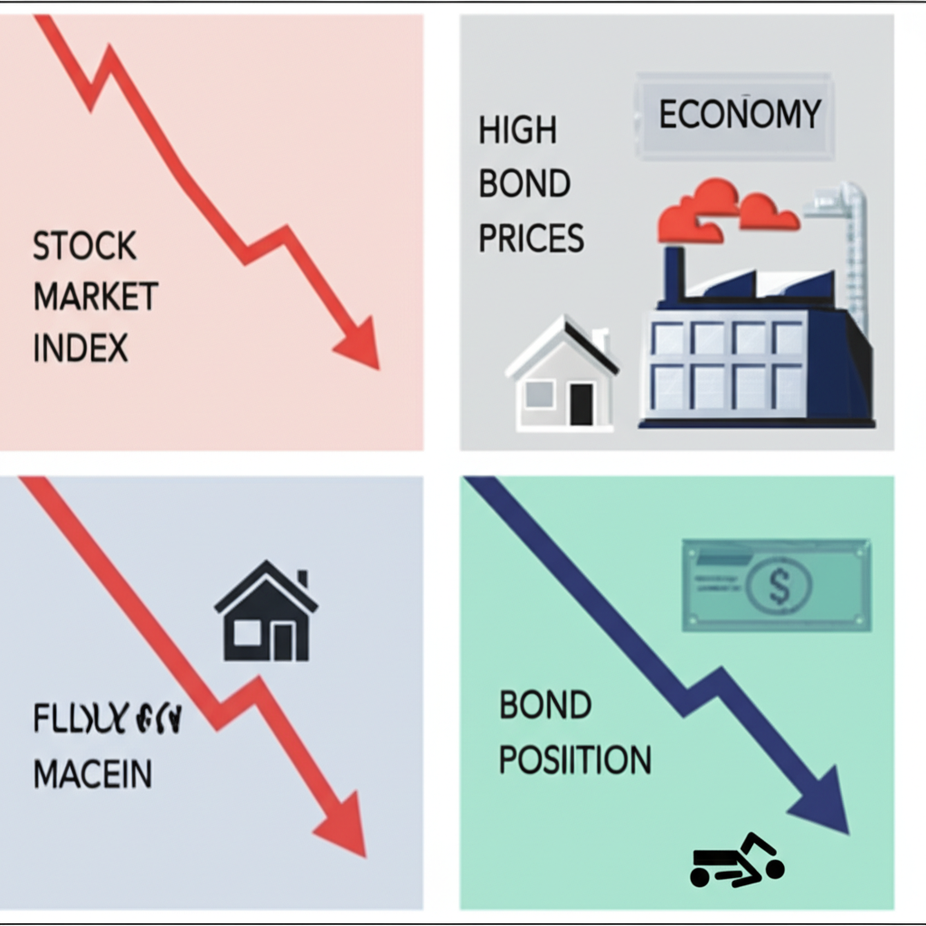 不同類型市場崩盤示意圖,股市指數暴跌、房價下滑、經濟衰退伴高失業、債券價格走低,各區塊分明呈現