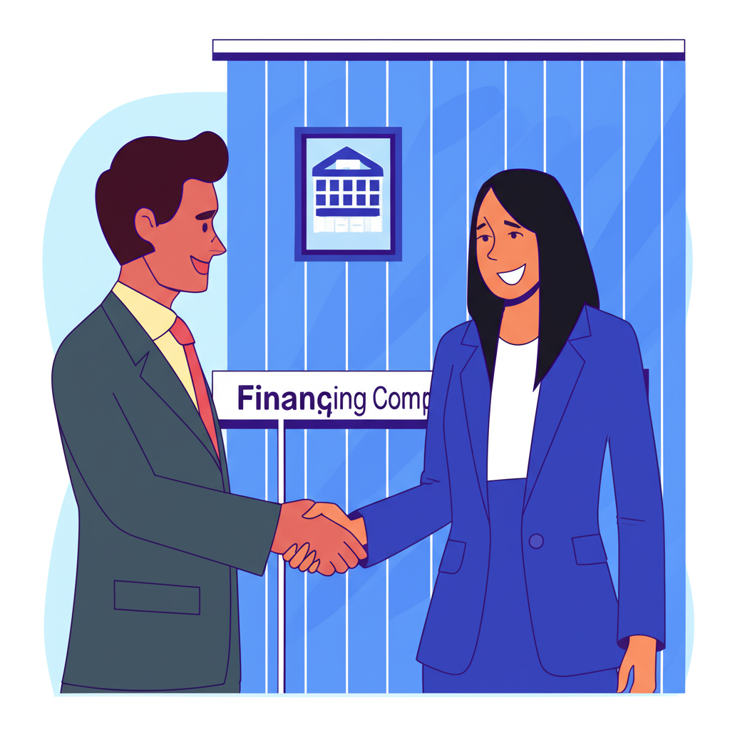 Illustration of a modern office building with a sign for a financing company a person shaking hands with a representative representing flexible lending options helping individuals and small businesses secure funds