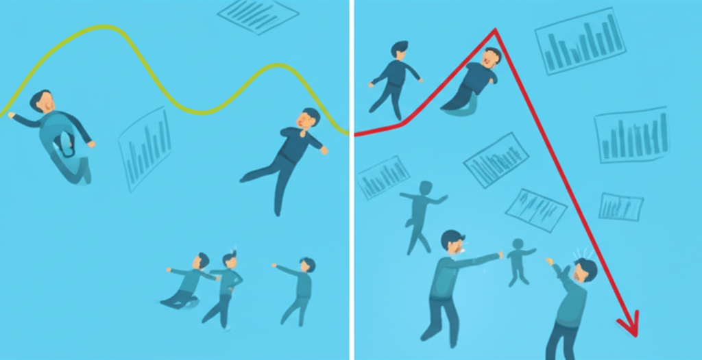 市場修正、熊市與崩盤對比示意圖,溫和修正、緩慢熊市與突發崩盤的鮮明差異,價格急速暴跌伴隨突如其來恐慌氛圍