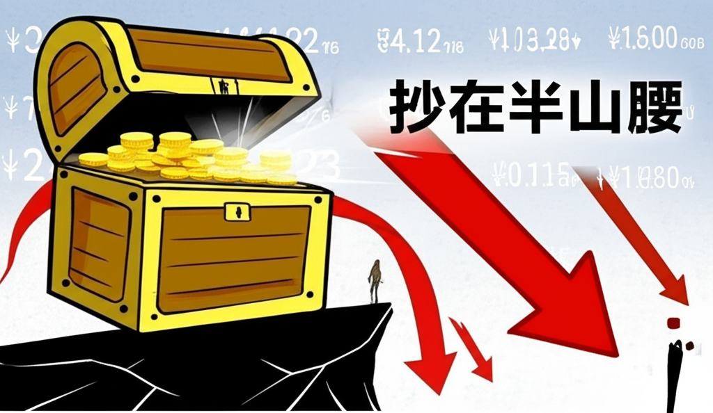 抄底風險示意圖：機會寶箱與半山腰陷阱