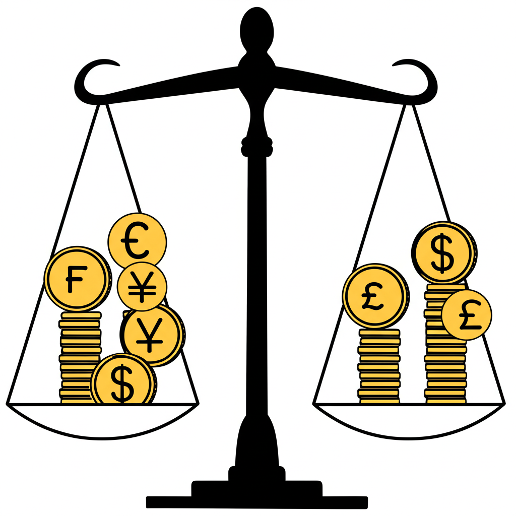 兩個對比天平，一側外幣對本幣，另一側本幣對外幣，象徵直接報價與間接報價方法的差異