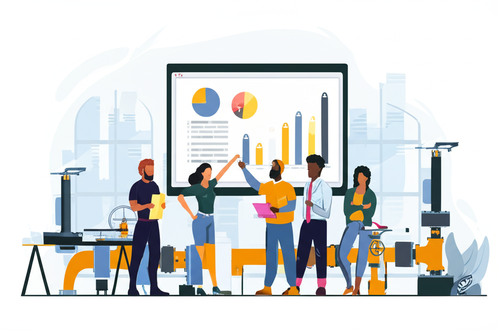 多元員工在現代辦公室與現場學習合作，使用瓦斯設備，象徵職涯成長與培訓機會