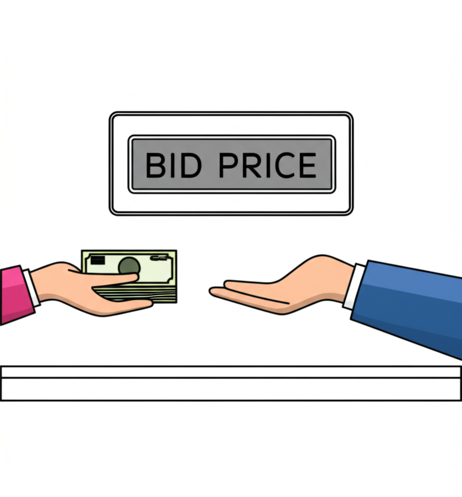 客戶遞給銀行櫃員外幣,顯示Bid Price,代表銀行從客戶買進外幣