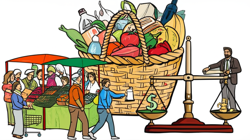 多元人群在市場購物,巨型籃子商品服務由政府統計員測量,秤平衡價格