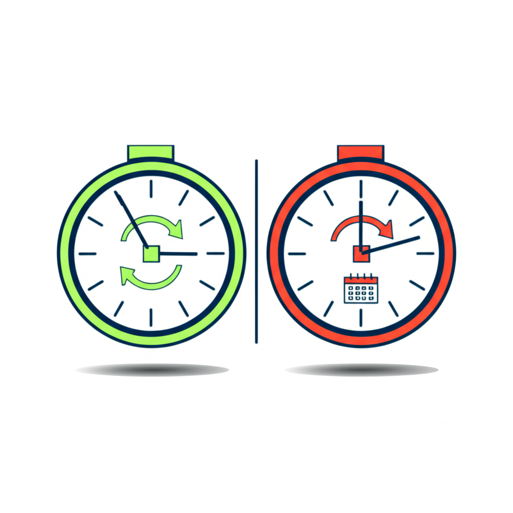 即期與遠期匯率交割時間對比圖，兩個時鐘分別顯示立即交易與未來預定交易，強調確定性與風險降低