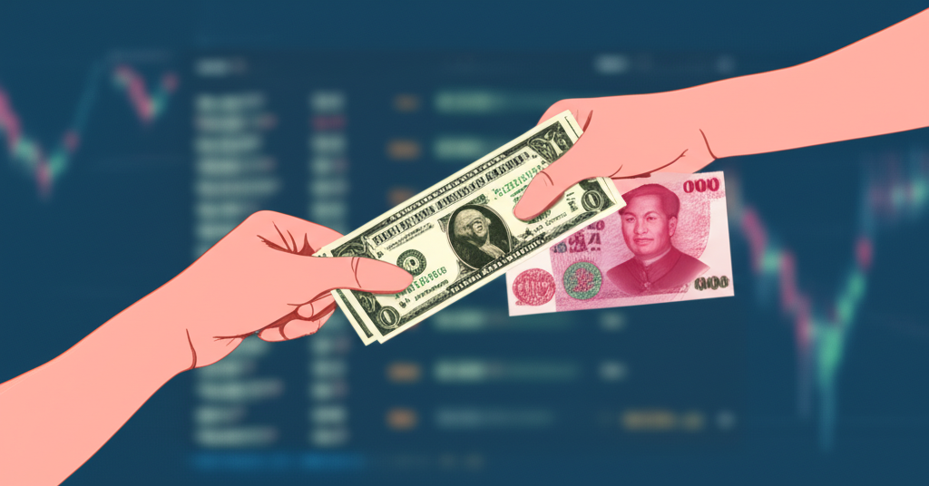 雙手交換美元與台幣鈔票，背景有數位顯示屏展現波動匯率，描繪貨幣兌換與市場動態