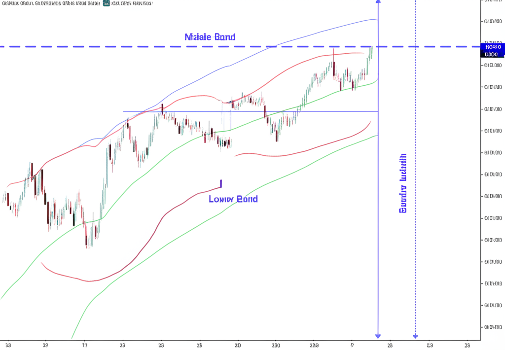 股票圖表顯示中軌、上軌、下軌及帶寬的英文標註
