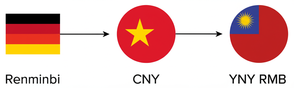 人民幣、CNY 與 RMB 三者關係及差異的箭頭連接插圖