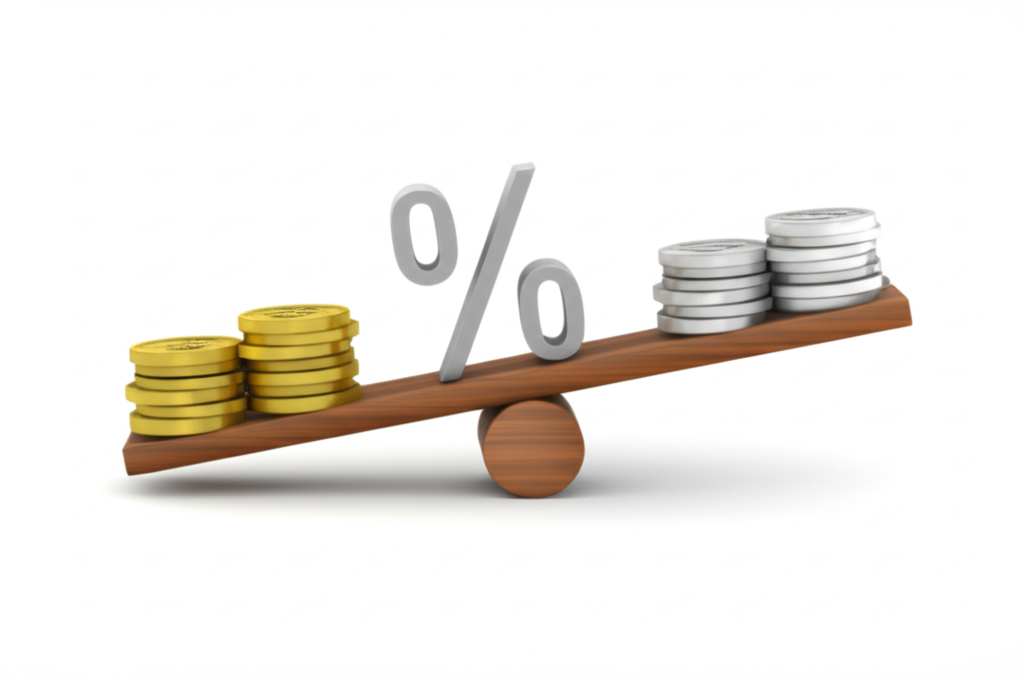 利率平價理論示意圖，兩國貨幣象徵物在翹翹板上平衡，由利率符號調節，展示匯率與利率的互動