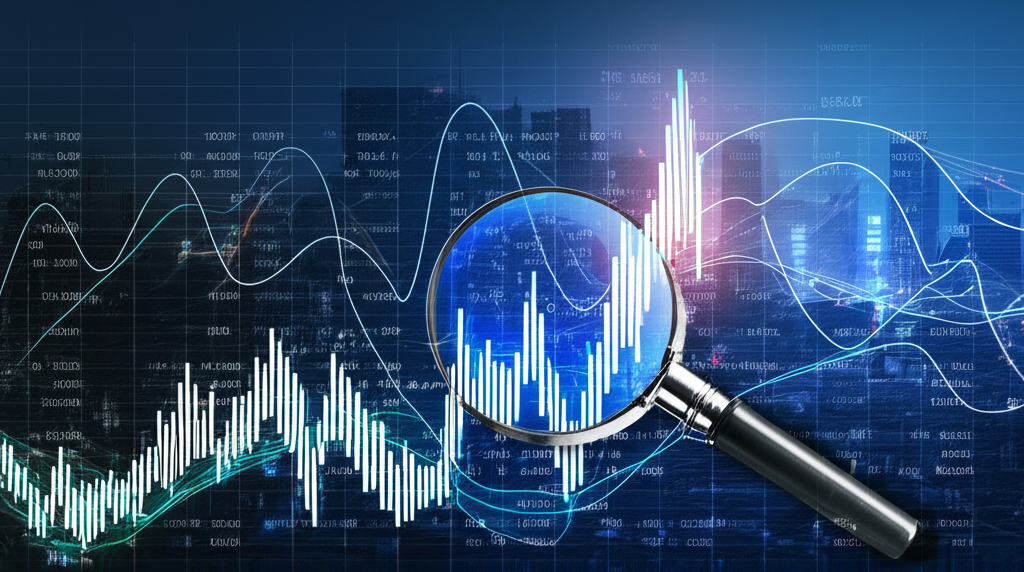 投資人透過放大鏡分析股票圖表，單量與總量柱狀圖發光，背景有市場情緒與資金流向的漩渦線，以及動感金融城市景觀