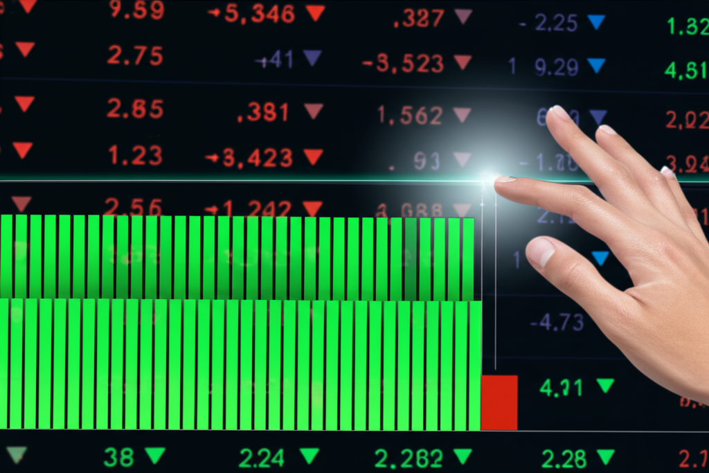 數位交易螢幕顯示即時股票交易，數字與價格閃爍，突出大型單量柱狀圖，一隻強大手伸出執行交易，象徵瞬間市場行動