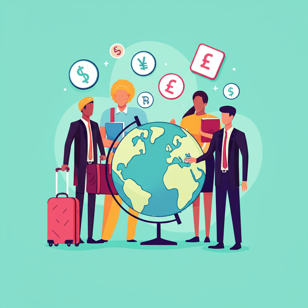 多元人群如旅行者、學生與交易員注視著環繞貨幣符號的地球儀，象徵匯率在國際金融中的關鍵角色
