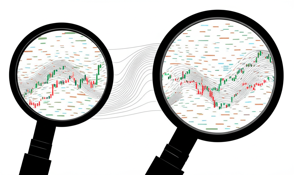 兩個放大鏡，一個聚焦單筆小額股票交易代表微觀視角，另一個涵蓋廣大交易海洋代表宏觀視角，市場數據在兩者間流動，形成清晰概念圖