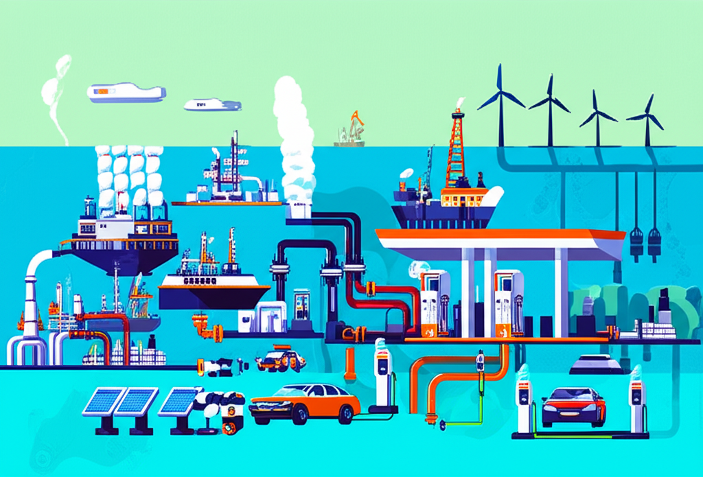 殼牌多樣能源營運,從深海探勘到電動車充電,背景有風力發電場