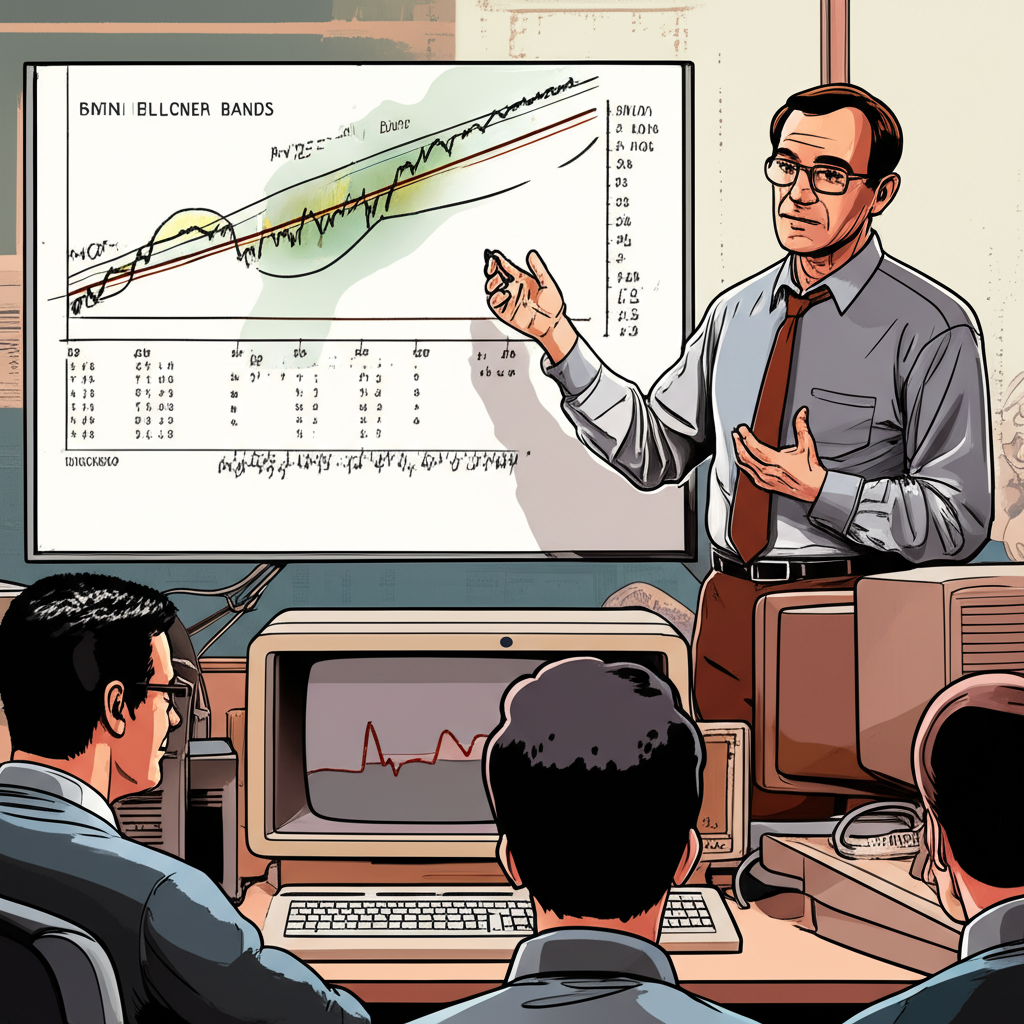 John Bollinger 向交易者解釋布林通道概念的插圖,展現 1980 年代創新