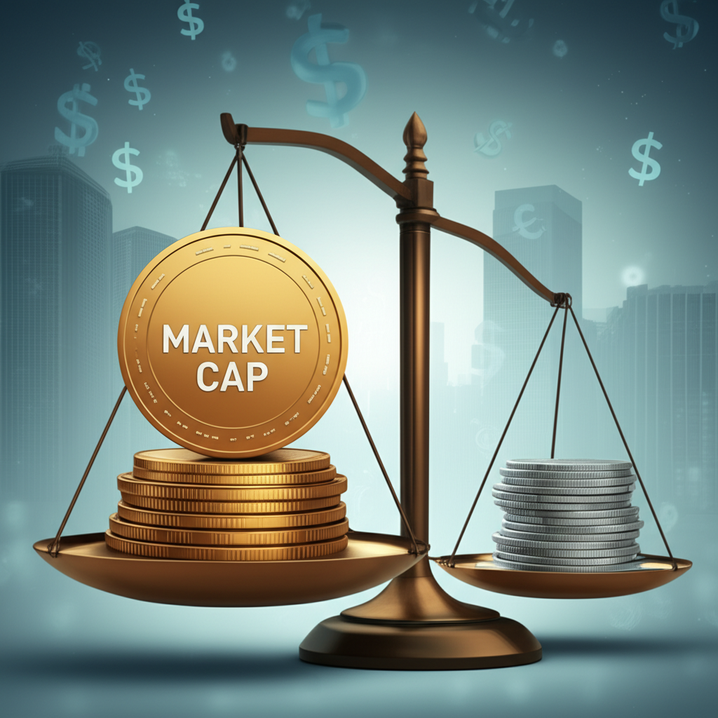 一枚標記市值的大型金幣在秤上平衡，旁邊小幣代表公司資產與收入，背景為企業大樓剪影與抽象金融符號