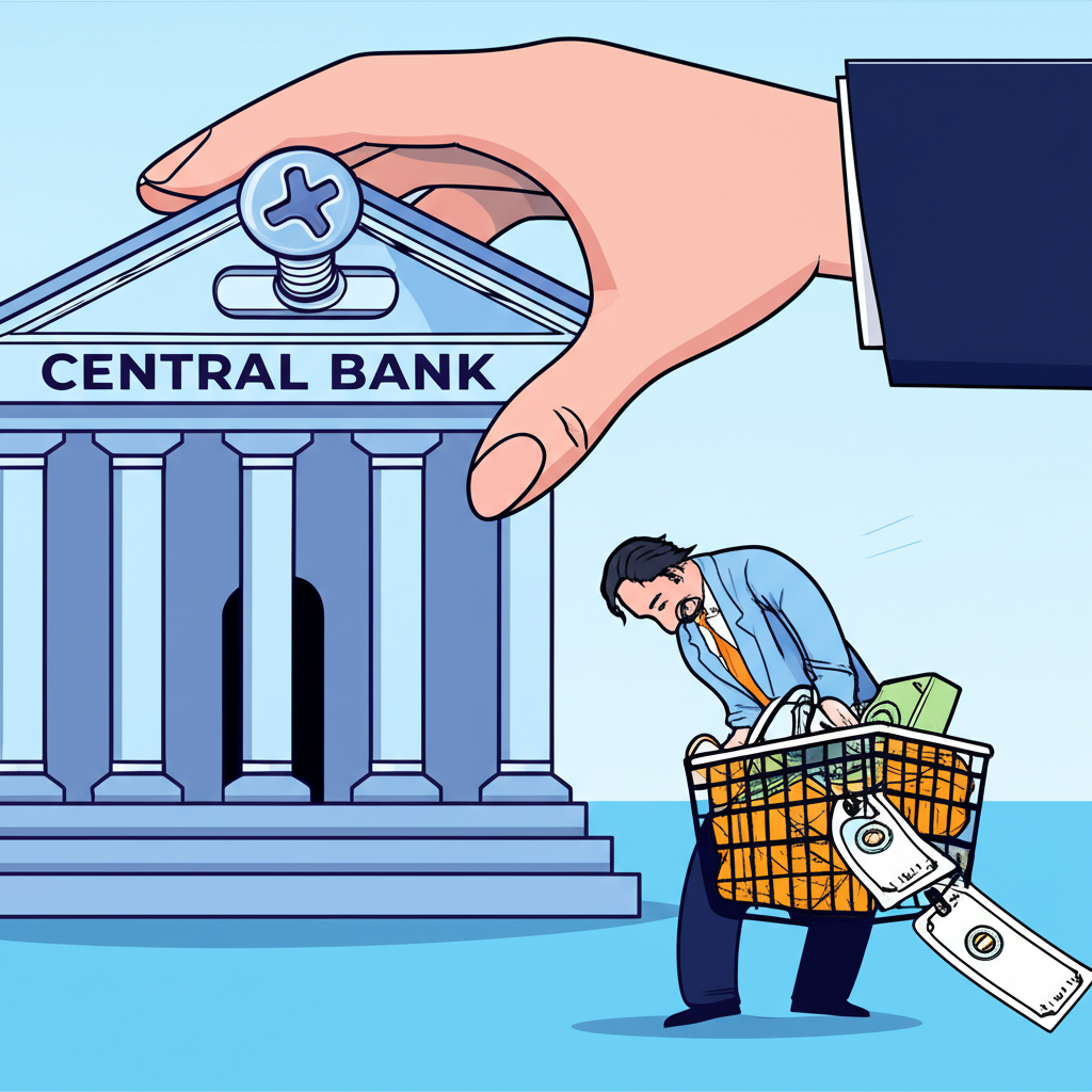 央行建築物圖示，巨手緊縮螺絲象徵升息與量化緊縮，消費者在收縮經濟中掙扎面對上漲物價與衰退象徵