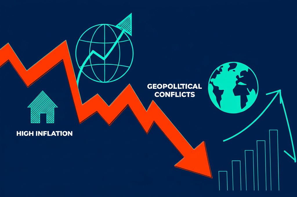 美股市場圖表顯示向下趨勢，受高通膨、升息、地緣衝突與企業盈利壓力影響的全球經濟景觀