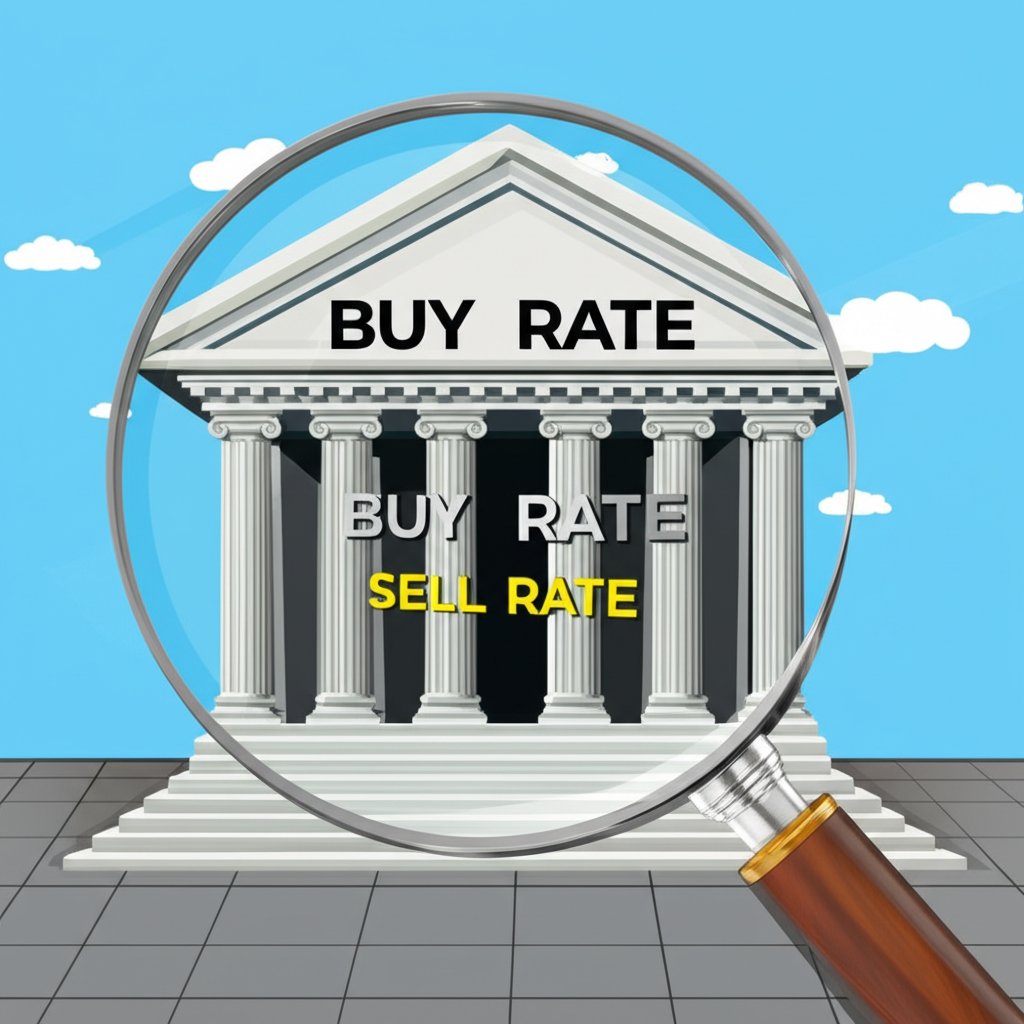 銀行建築物透過放大鏡聚焦買入和賣出標籤,強調銀行在外幣交換中的中介角色