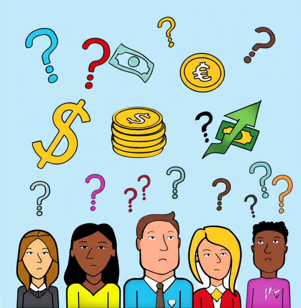 人們對各種金融符號如股票和金錢感到困惑,頭頂有問號,象徵投資定義的模糊與清晰需求