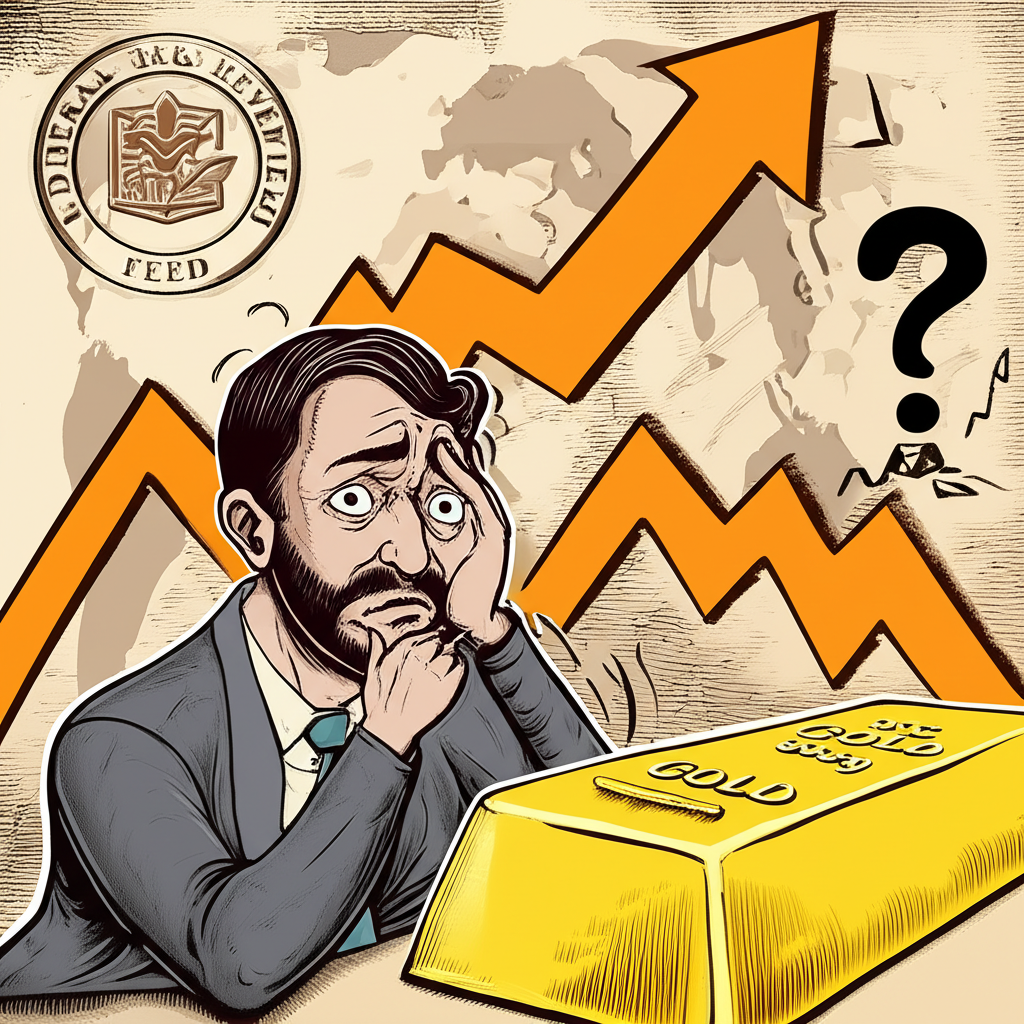 困惑投資者注視波動金價圖表,背景有通貨膨脹箭頭、聯準會標誌與地緣政治地圖