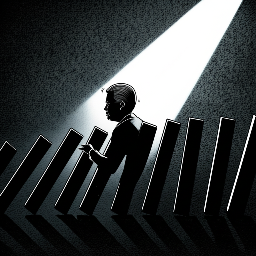 金融世界多米諾效應插圖，股票部位清倉導致投資銀行巨虧，聚焦監管盲點與比爾黃的欺詐形象