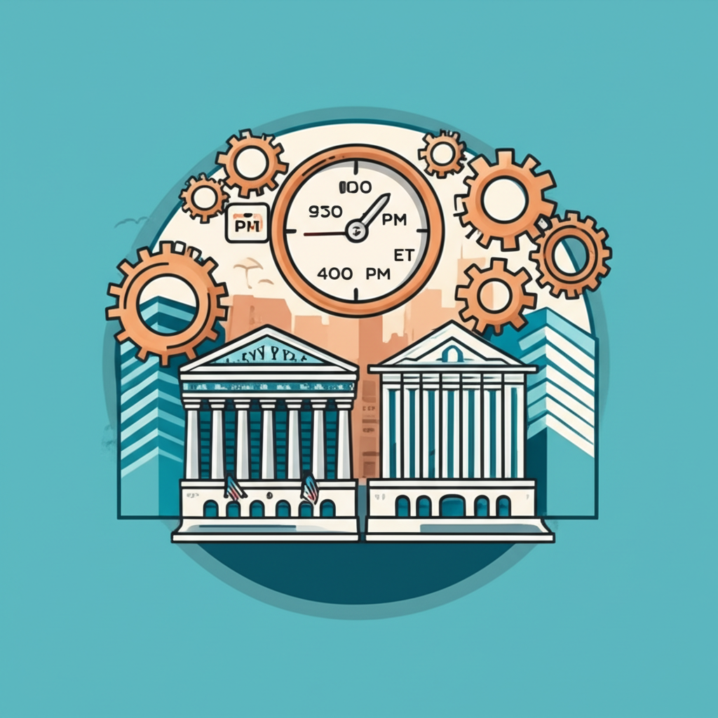 紐約證券交易所與那斯達克交易所建築,時鐘顯示美東時間上午9:30至下午4:00,周圍齒輪代表日光節約時間調整