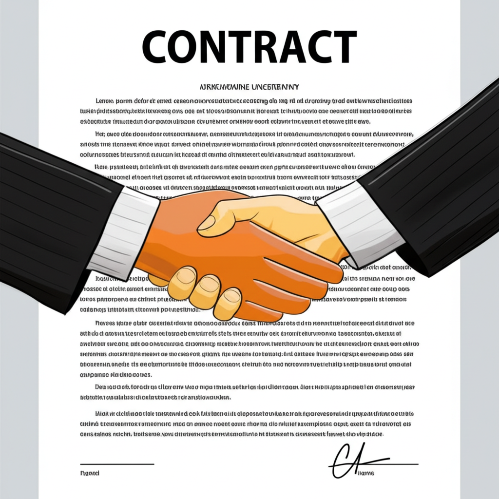 illustration of hands shaking over a complex contract representing risk sharing and uncertainty in investment adjusting costs based on future performance