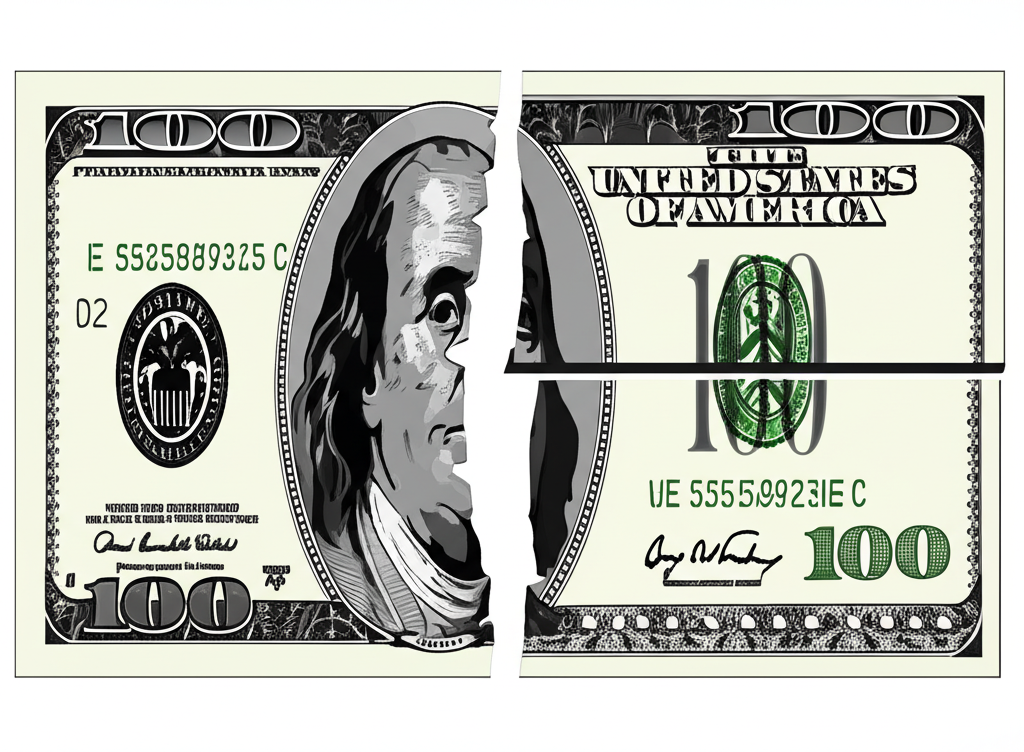 一千元紙幣轉變成兩張五百元紙幣，象徵總價值不變的插圖