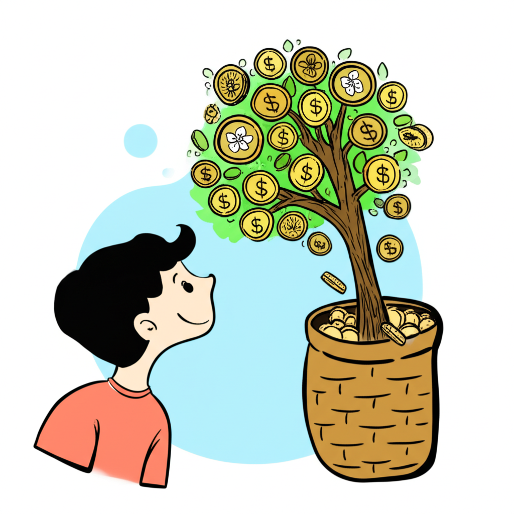 投資者欣喜觀看象徵台灣香港股票分紅被動收入的金錢樹,樹上幣值落下入籃